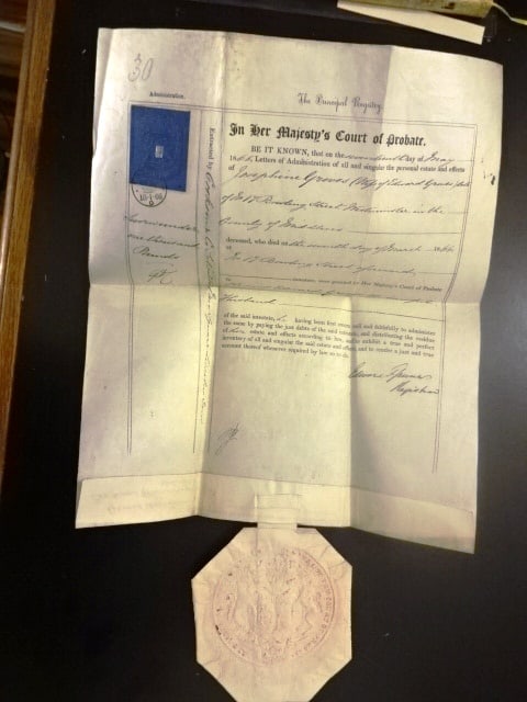 1866 English Vellum Probate Certificate Large Seal: Title: 1866 English Vellum Probate Certificate Large Seal Description: 1866 probate certificate from the county of Middlesex blue revenue stamp and large embossed seal of the court find condition,