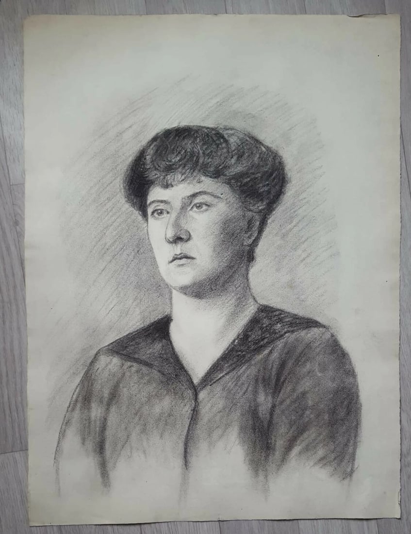 Antique Charcoal Original Drawing Woman Portrait c. 1910 - 2