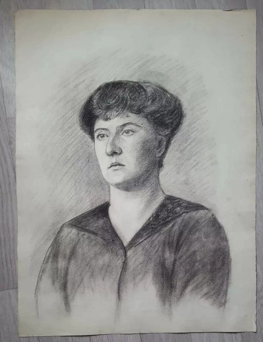 Antique Charcoal Original Drawing Woman Portrait c. 1910 - 7