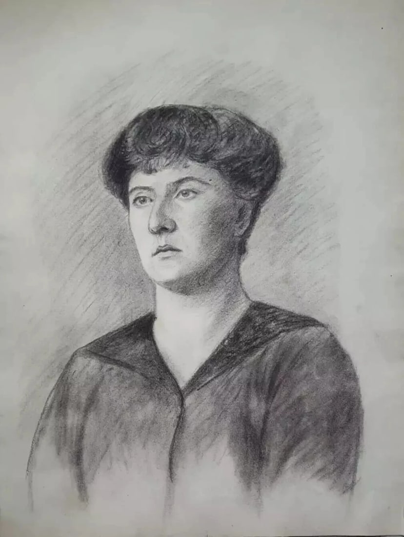Antique Charcoal Original Drawing Woman Portrait c. 1910 - 8