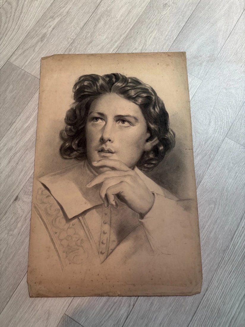 19th century Man Portrait Charcoal Drawing Antique Original - 2