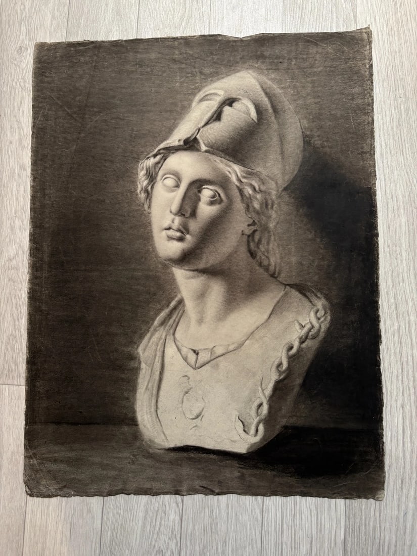 19th century Portrait Woman Mask Sculpture Antique Original Drawing - 2