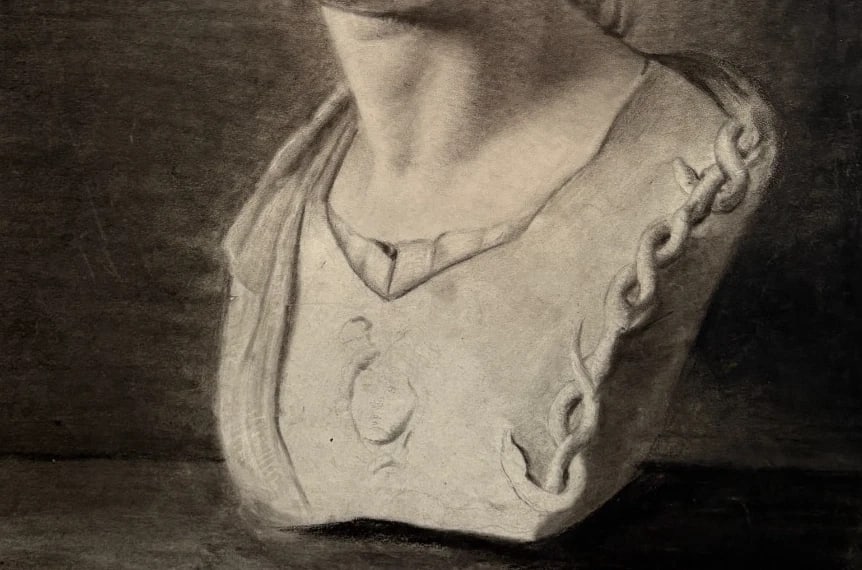 19th century Portrait Woman Mask Sculpture Antique Original Drawing - 6
