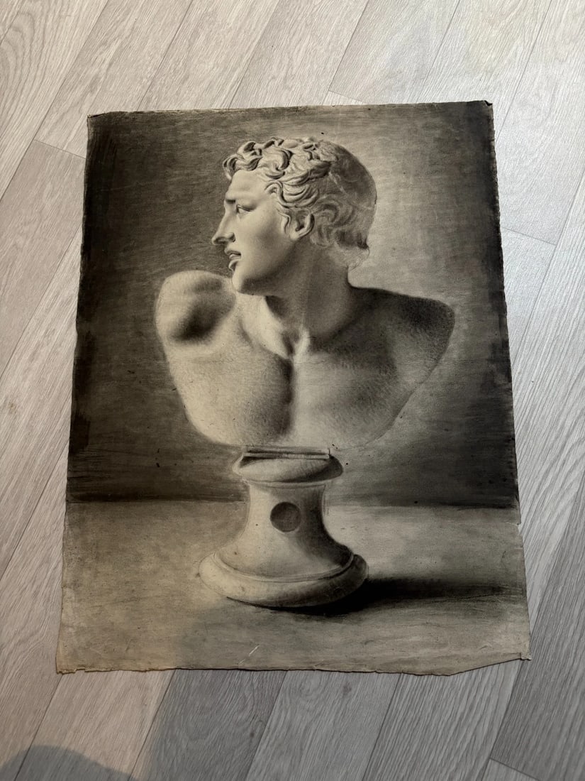 19th century Portrait Man Sculpture Drawing Antique Original - 8