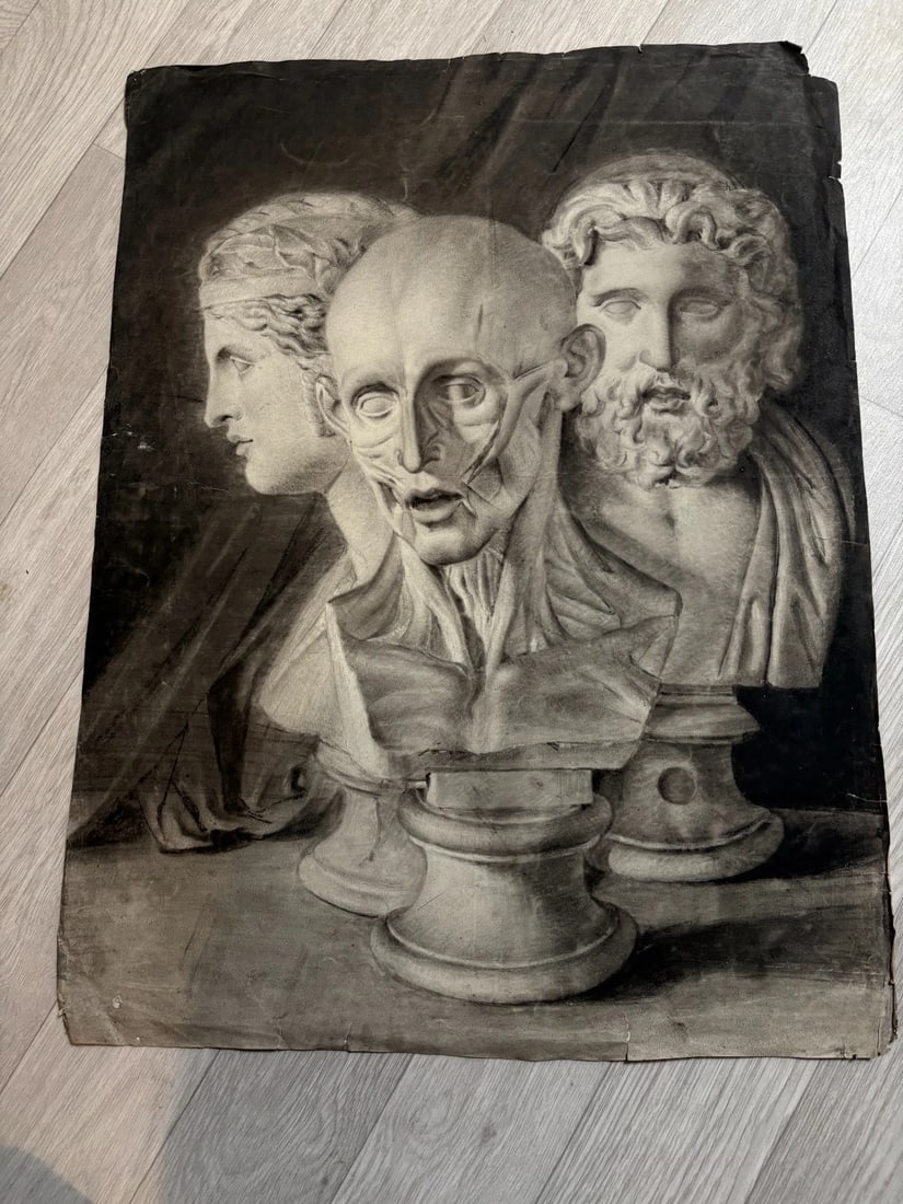 19th century Portrait Men Sculpture Antique Original Drawing - 7