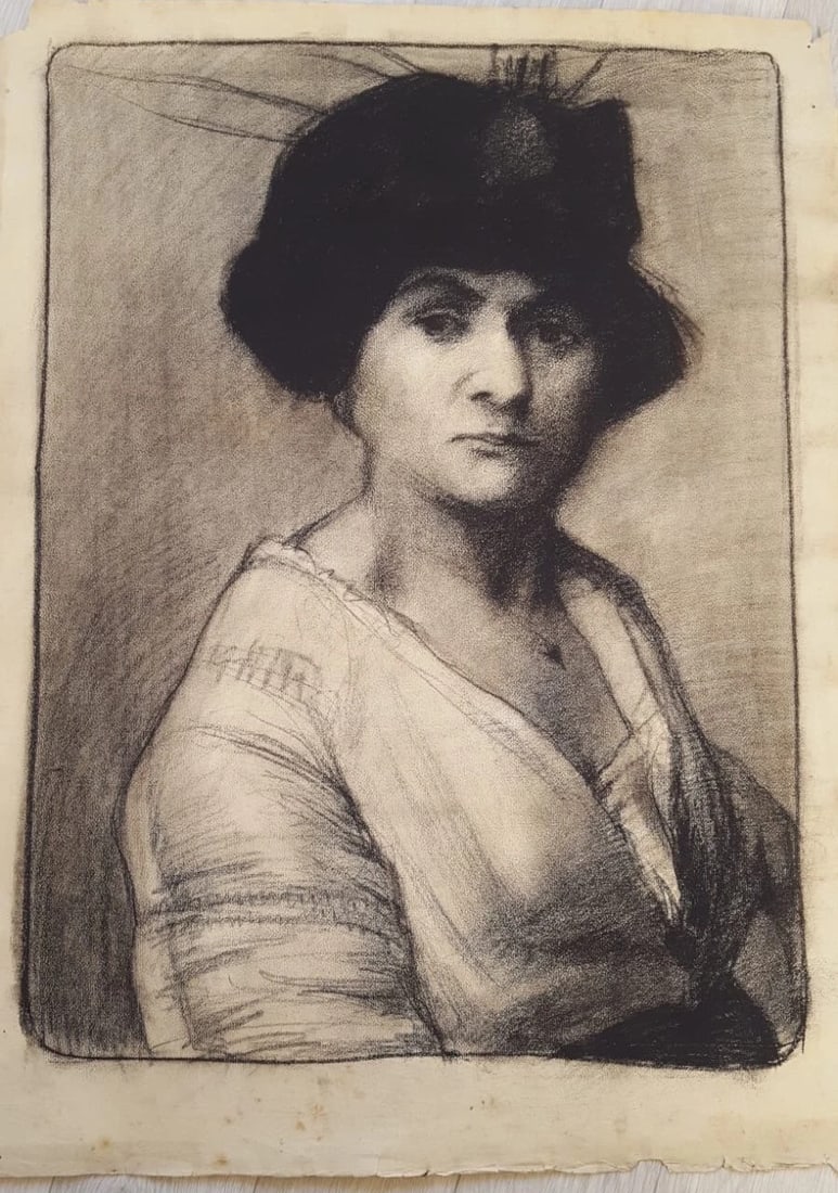 Antique Drawing Charcoal Woman Portrait with Hat - 2