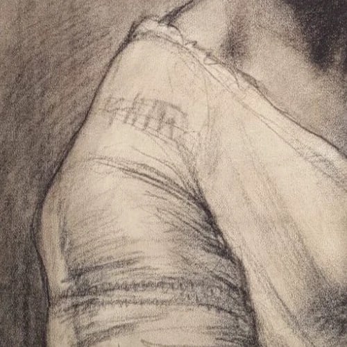 Antique Drawing Charcoal Woman Portrait with Hat - 7