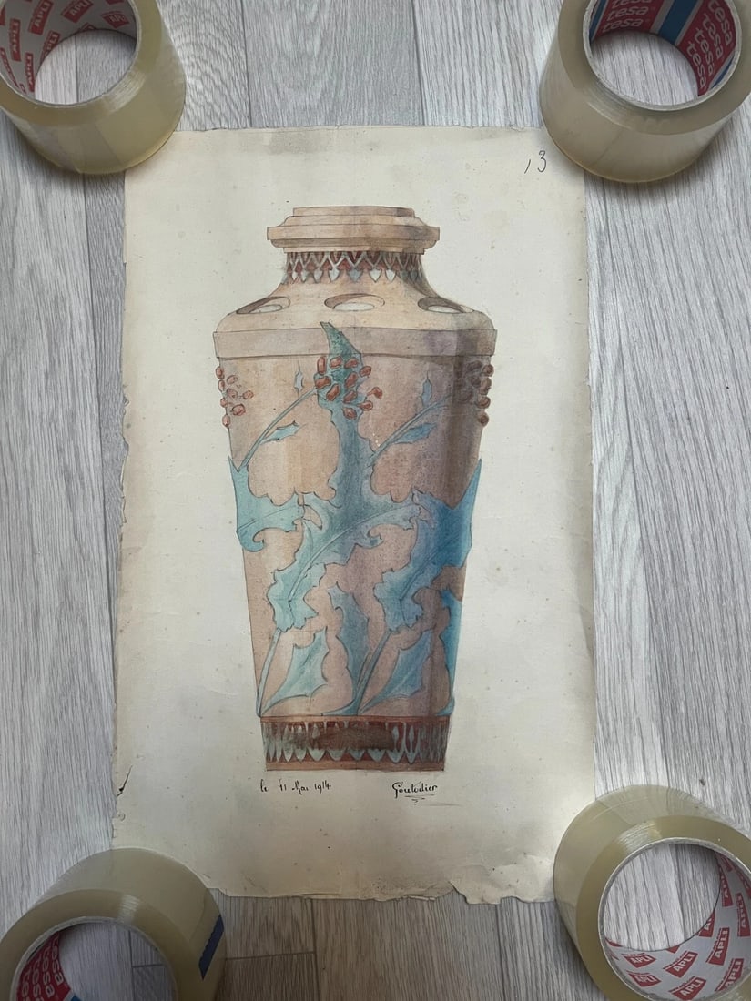 Antique Architecture Original Drawing Architecture, Vase signed - 2
