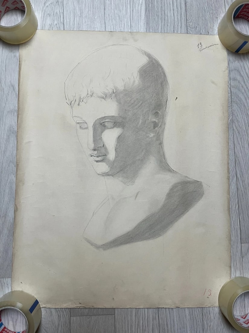 Antique Original Drawing Man, Portrait, Sculpture, Profil - 8