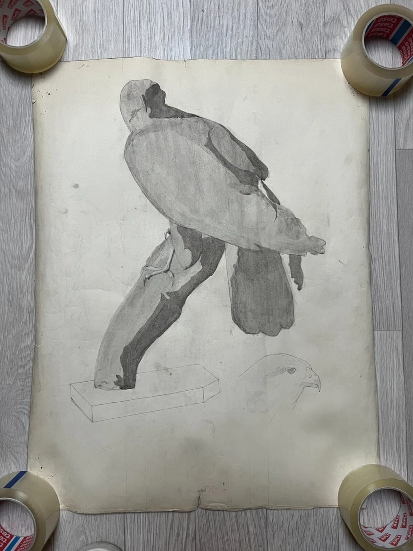 Antique Original Drawing Sculpture, Animal, Bird, Crow - 7