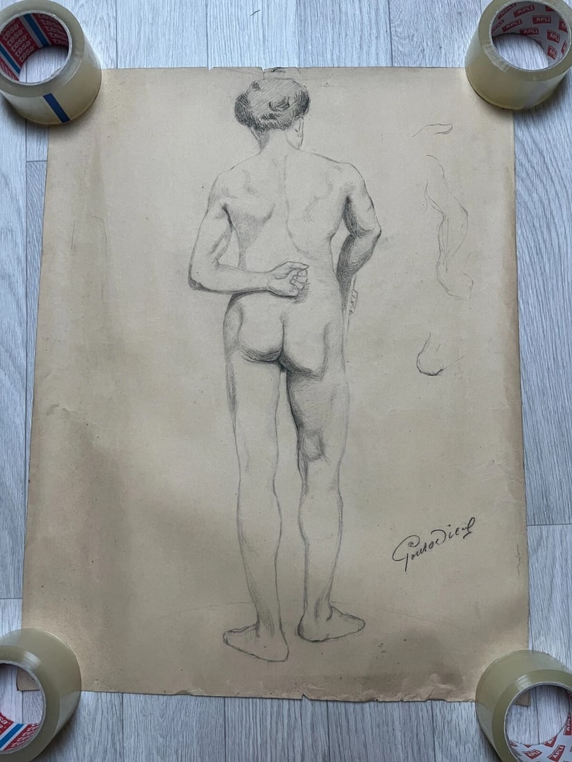 Antique Original Drawing Man, Portrait, Academic, Figure, Stick - 6