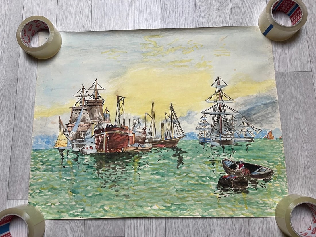 Seaview, Boars, People, Sunset, Landscape Drawing Antique Original - 2
