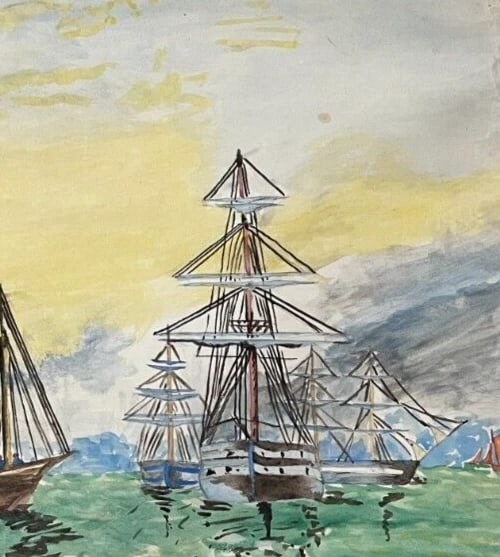 Seaview, Boars, People, Sunset, Landscape Drawing Antique Original - 4