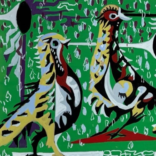 Birds Music Cubist Expressionism Modern Drawing Vintage Original Signed 1952 - 3