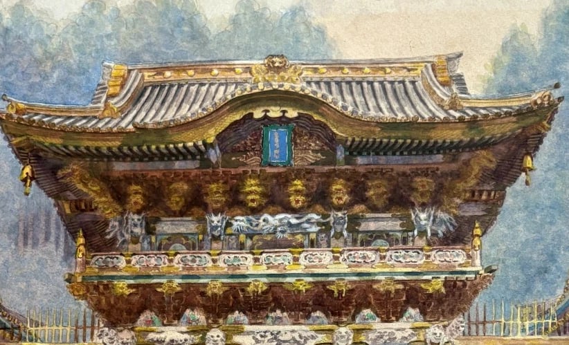 Japan Architecture Temple Woman Drawing Antique Original Signed - 5