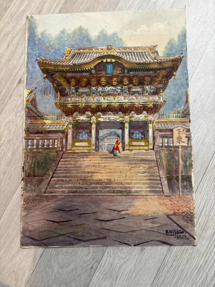 Japan Architecture Temple Woman Drawing Antique Original Signed - 6