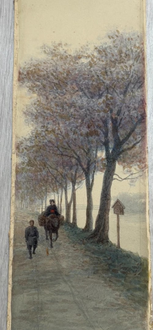 People Landscape Cherries Trees Antique Original Drawing Signed (1 of 8)