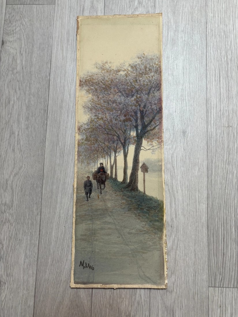 People Landscape Cherries Trees Antique Original Drawing Signed - 2