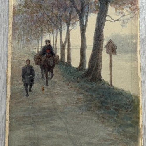 People Landscape Cherries Trees Antique Original Drawing Signed - 3