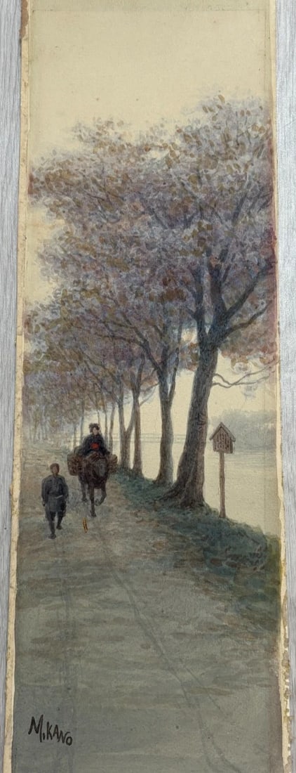People Landscape Cherries Trees Antique Original Drawing Signed - 5