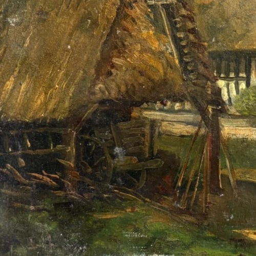 Northern Farm Houses Landscape French - Antique Painting Original - 3