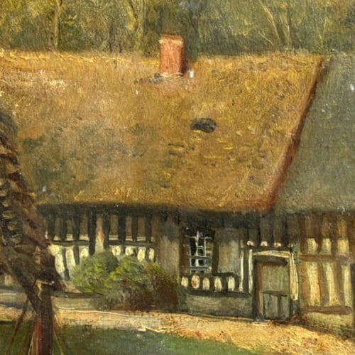 Northern Farm Houses Landscape French - Antique Painting Original - 4