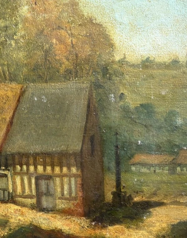 Northern Farm Houses Landscape French - Antique Painting Original - 5