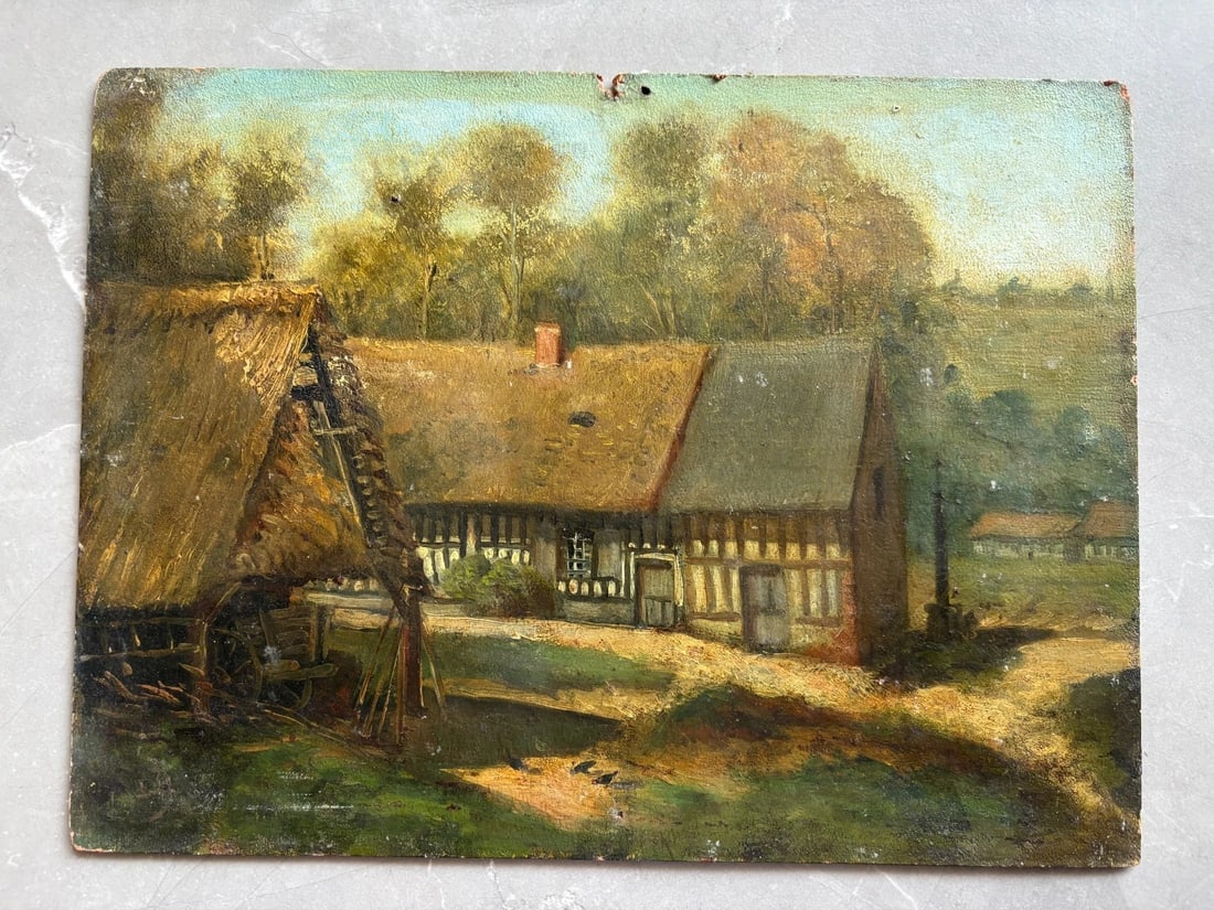 Northern Farm Houses Landscape French - Antique Painting Original - 6