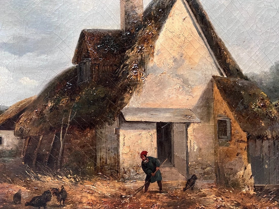 Landscape, Farm, Chicken, Man, House 19th century Antique Painting Original (1 of 8)
