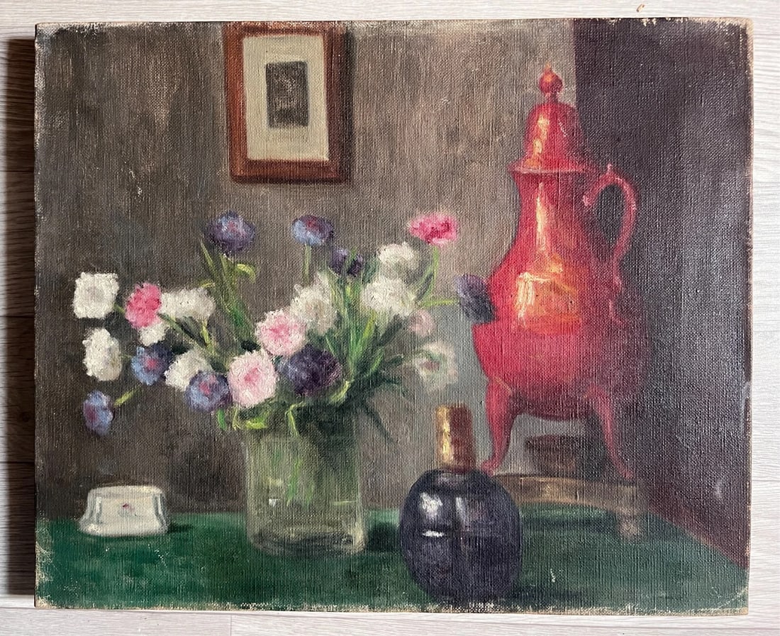 Antique Painting Original Floral, Flowers, Roses, Still Life, Drinks - 2