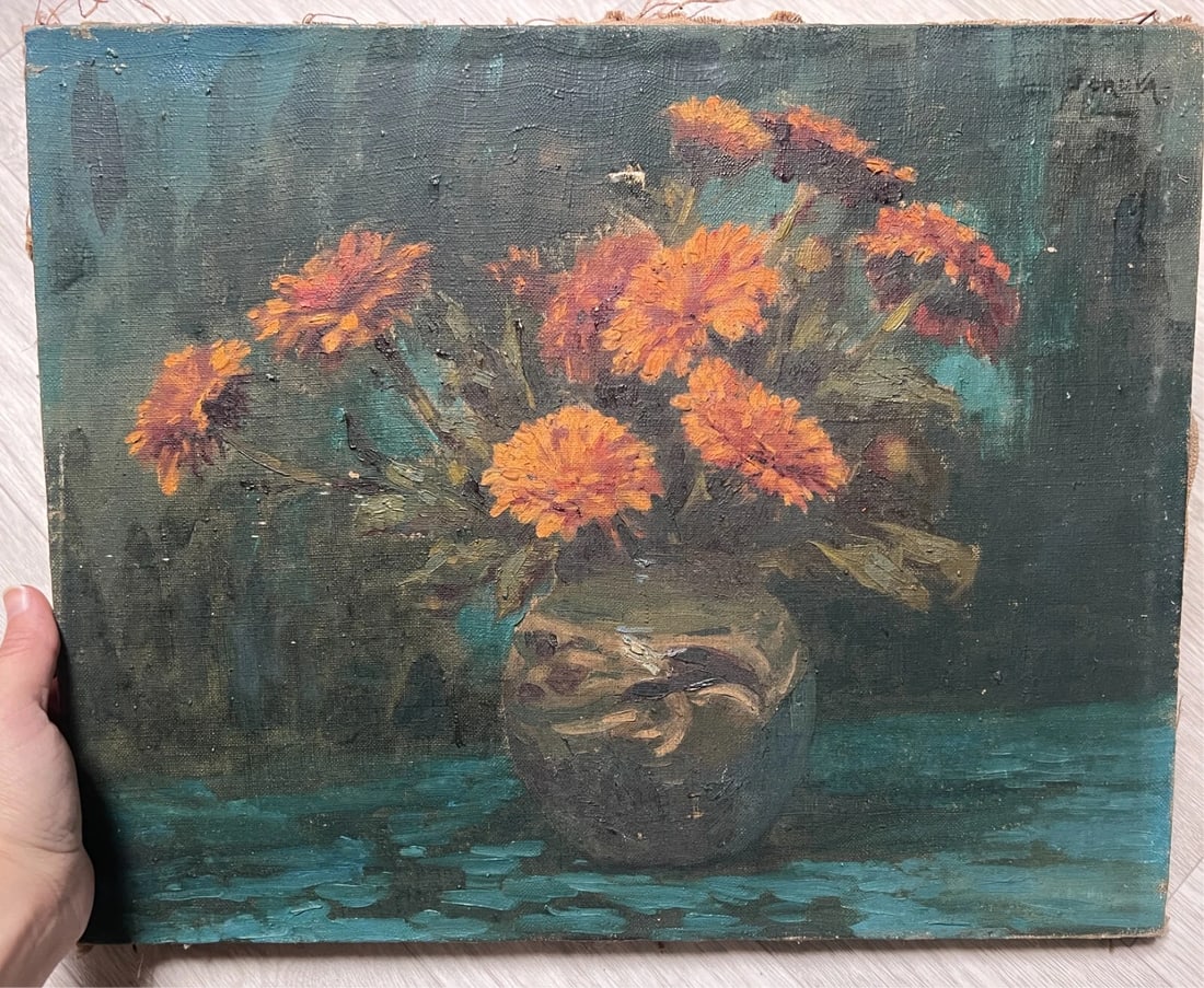 Antique Oil Painting Original Still Life, Flowers, Vase signed - 7