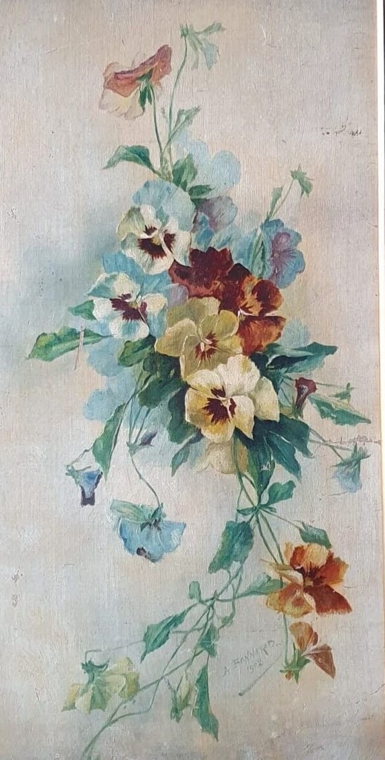 Antique Painting Original Flowers, Floral, Still Life, signed 1902: Title: Antique Painting Original Flowers, Floral, Still Life, signed 1902 Description: Oil on canvas laminated on cardboard 62 x 33 cm signed small damages Reserve: $150.00 Shipping: Domestic: Flat-r