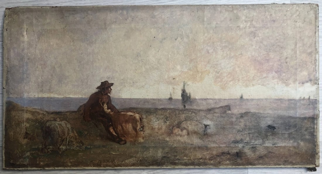 Antique Painting Original Landscape, Farm, Man, Boat, Goat, Sheep 19th century - 3