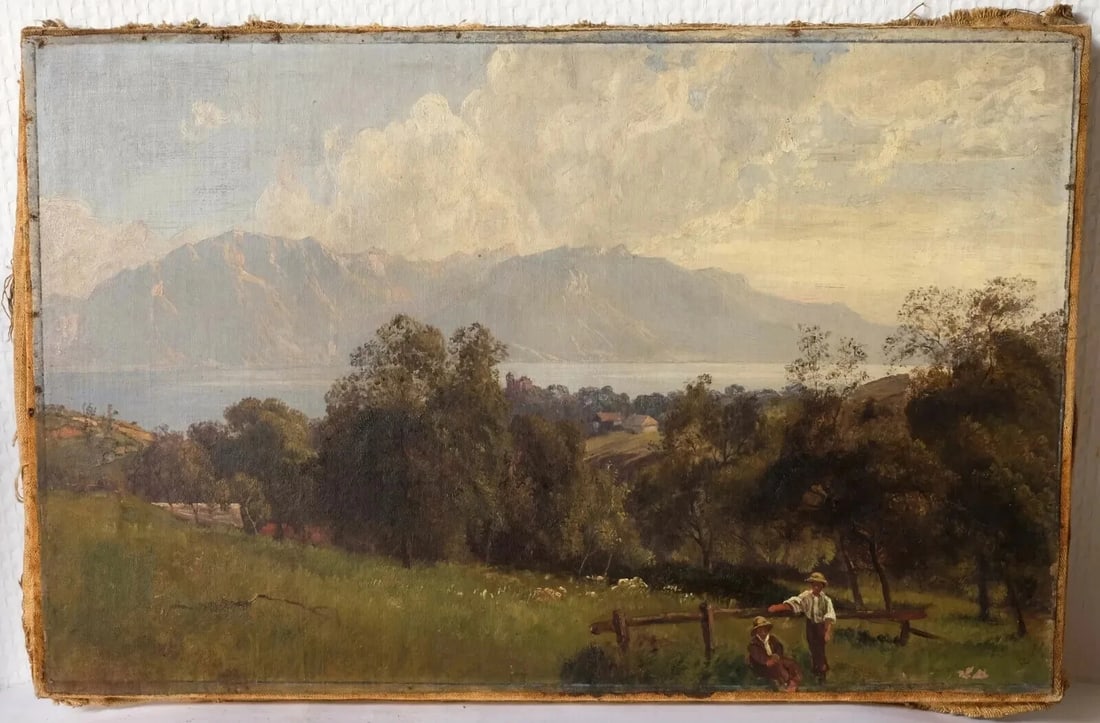 Antique Oil Painting Original 19th century Landscape Mountain People and Lake - 2