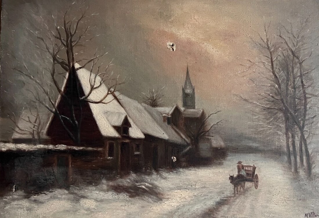 Antique Original Painting Landscape signed Winter Village Horse Landscape (1 of 8)