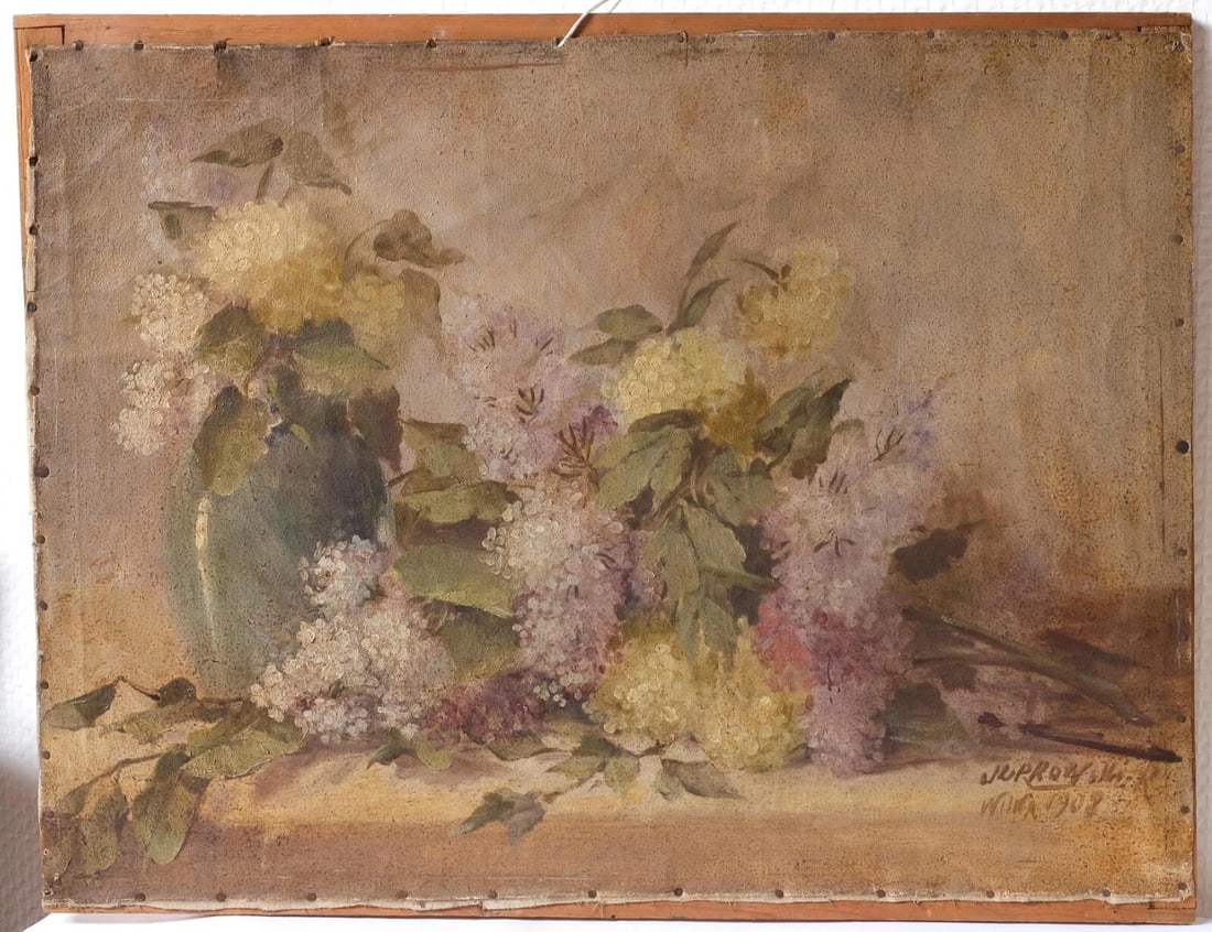 Antique Oil Painting Original signed Jakub Obrovsky, Still Life, Bouquet Flowers - 6