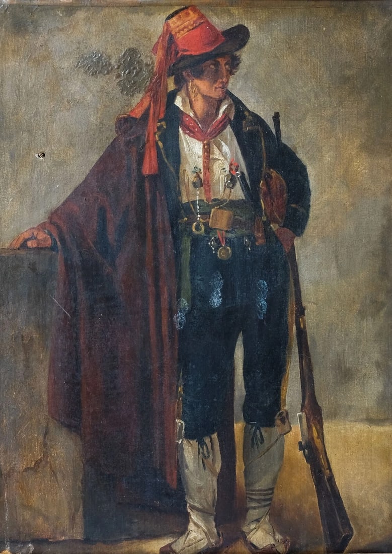 18th century Old Art Roman Brigand Portrait Antique Original Painting: Title: 18th century Old Art Roman Brigand Portrait Antique Original Painting Description: Paper mounted on canvas 35 x 25.5 cm accidents, small hole attributed to Achille Etna Michallon