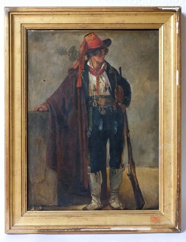 18th century Old Art Roman Brigand Portrait Antique Original Painting - 2