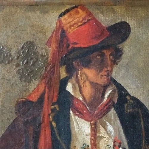 18th century Old Art Roman Brigand Portrait Antique Original Painting - 3