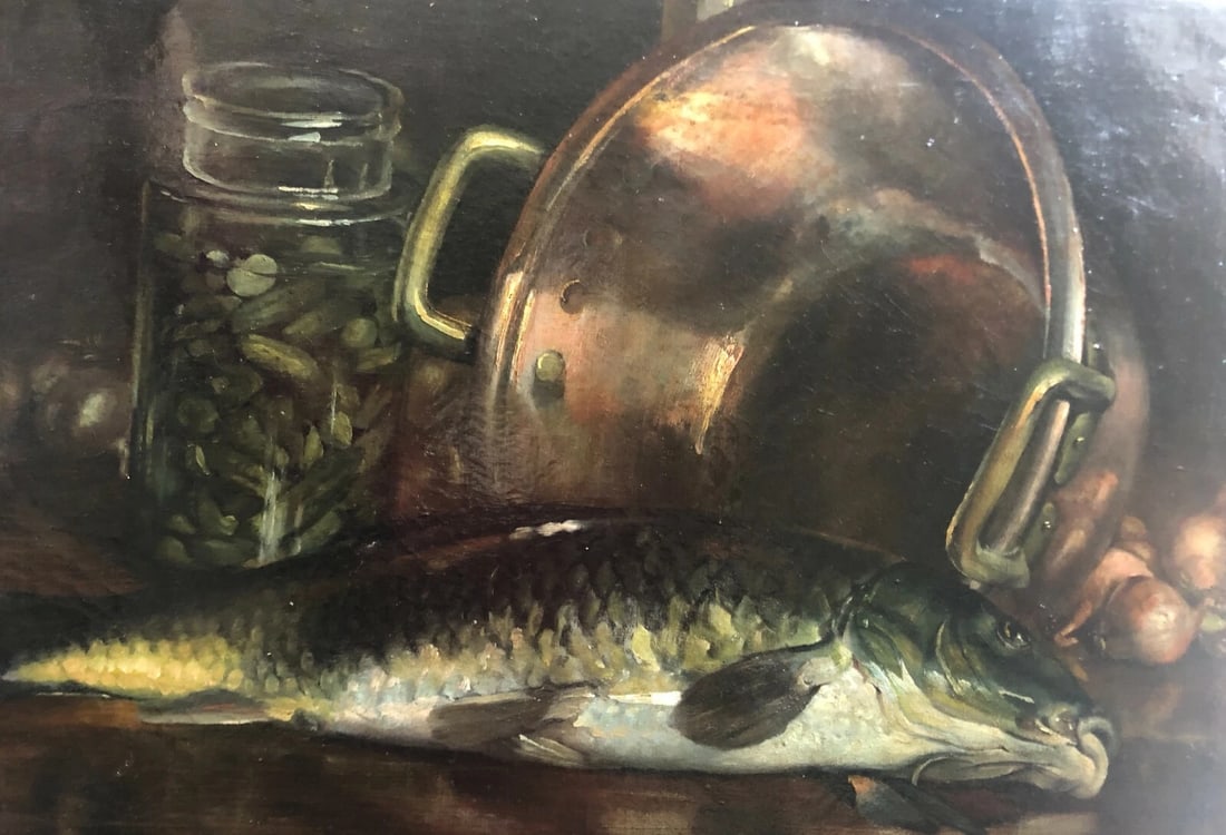 19th century Still Life with Fish, Pickles - Antique Painting Oil Orginal signed: Title: 19th century Still Life with Fish, Pickles - Antique Painting Oil Orginal signed Description: oil on canvas 54 x 65 cm previous restorations We accept payment via Paypal, credit or debit card, 
