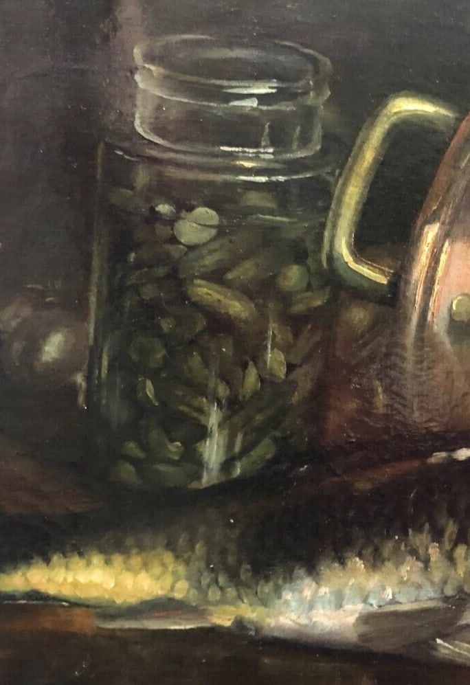 19th century Still Life with Fish, Pickles - Antique Painting Oil Orginal signed - 2
