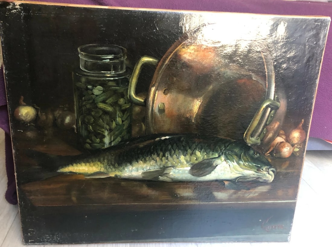 19th century Still Life with Fish, Pickles - Antique Painting Oil Orginal signed - 3