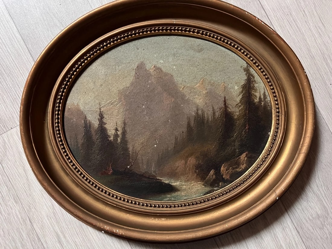 Antique Painting Original Landscape, Mountain, River, Trees, Berner Oberland (1 of 8)