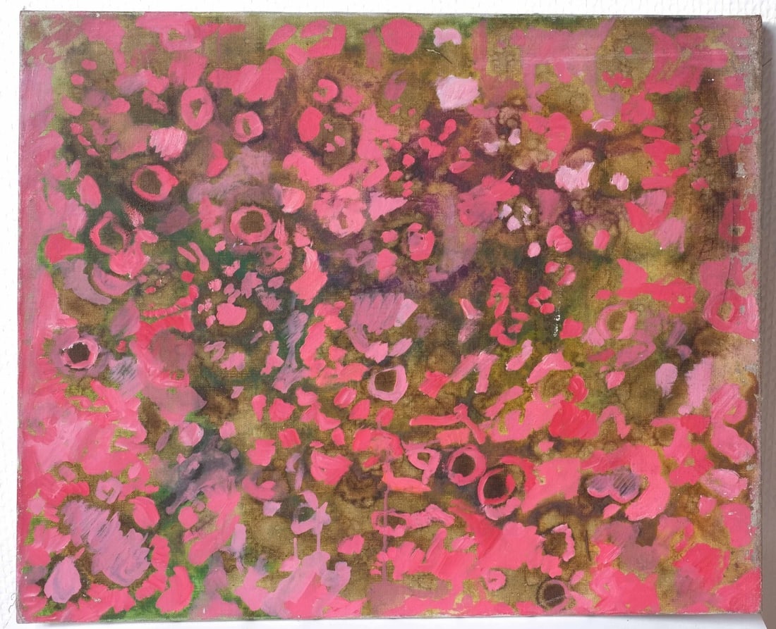 Antique Original Painting Pink Abstraction 1973 Organismes Microscopique - 7
