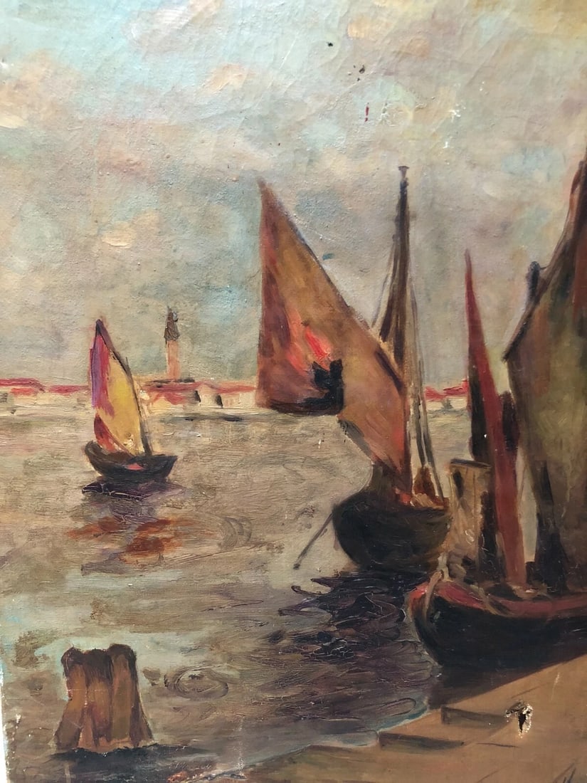 Maritime Landscape with Boats at Sea, Sunset Antique Original Painting Signed: Title: Maritime Landscape with Boats at Sea, Sunset Antique Original Painting Signed Description: Oil on canvas signed 55 x 33 cm old holes and restorations We accept payment via Paypal, credit or deb