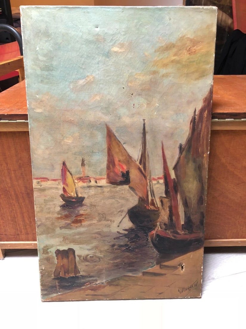 Maritime Landscape with Boats at Sea, Sunset Antique Original Painting Signed - 3