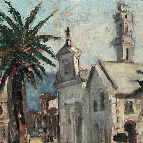 Maritime Landscape , Cityview, Building, Church, Tree - Antique Oil Painting - 4
