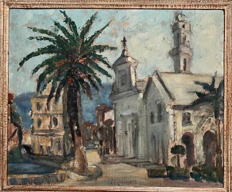 Maritime Landscape , Cityview, Building, Church, Tree - Antique Oil Painting - 6