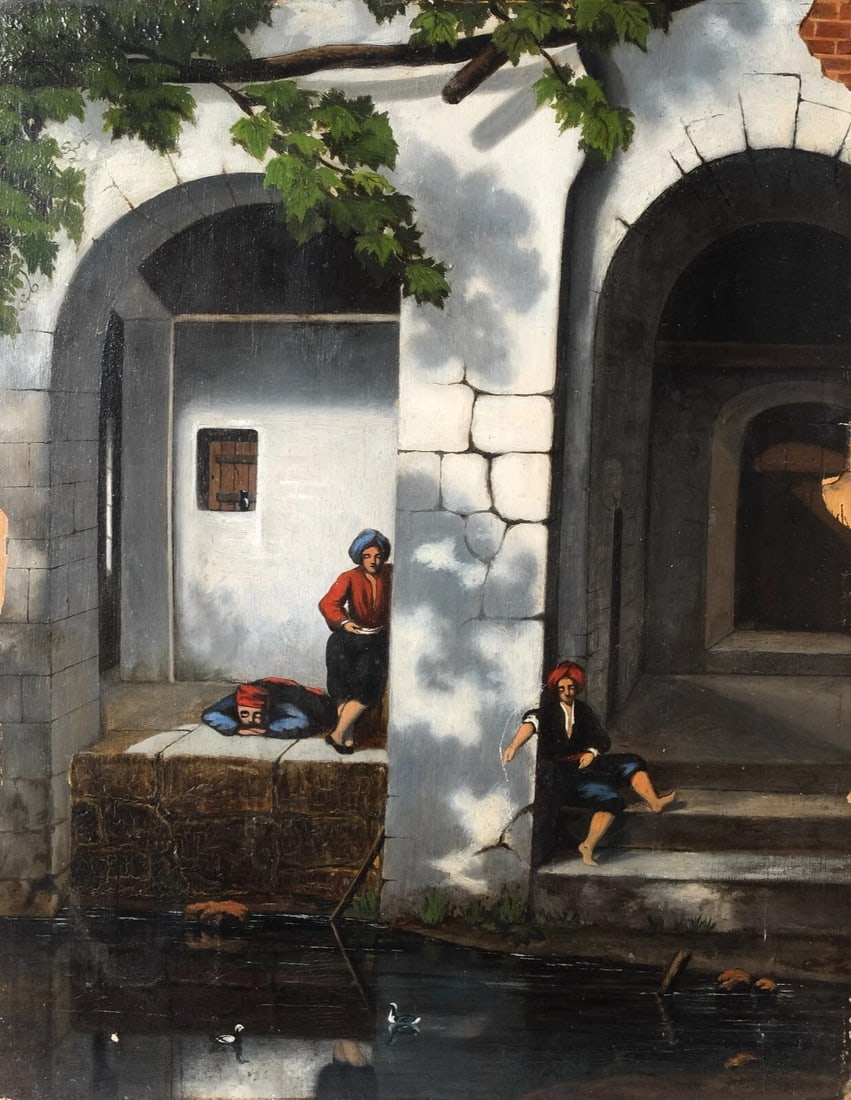 Antique Old Original Orientalist Painting Turkish Bath Scene with People: Title: Antique Old Original Orientalist Painting Turkish Bath Scene with People Description: Paper laminated on panel 45 cm x 35 cm Signed gaps, bubbles We accept payment via Paypal, credit or debit