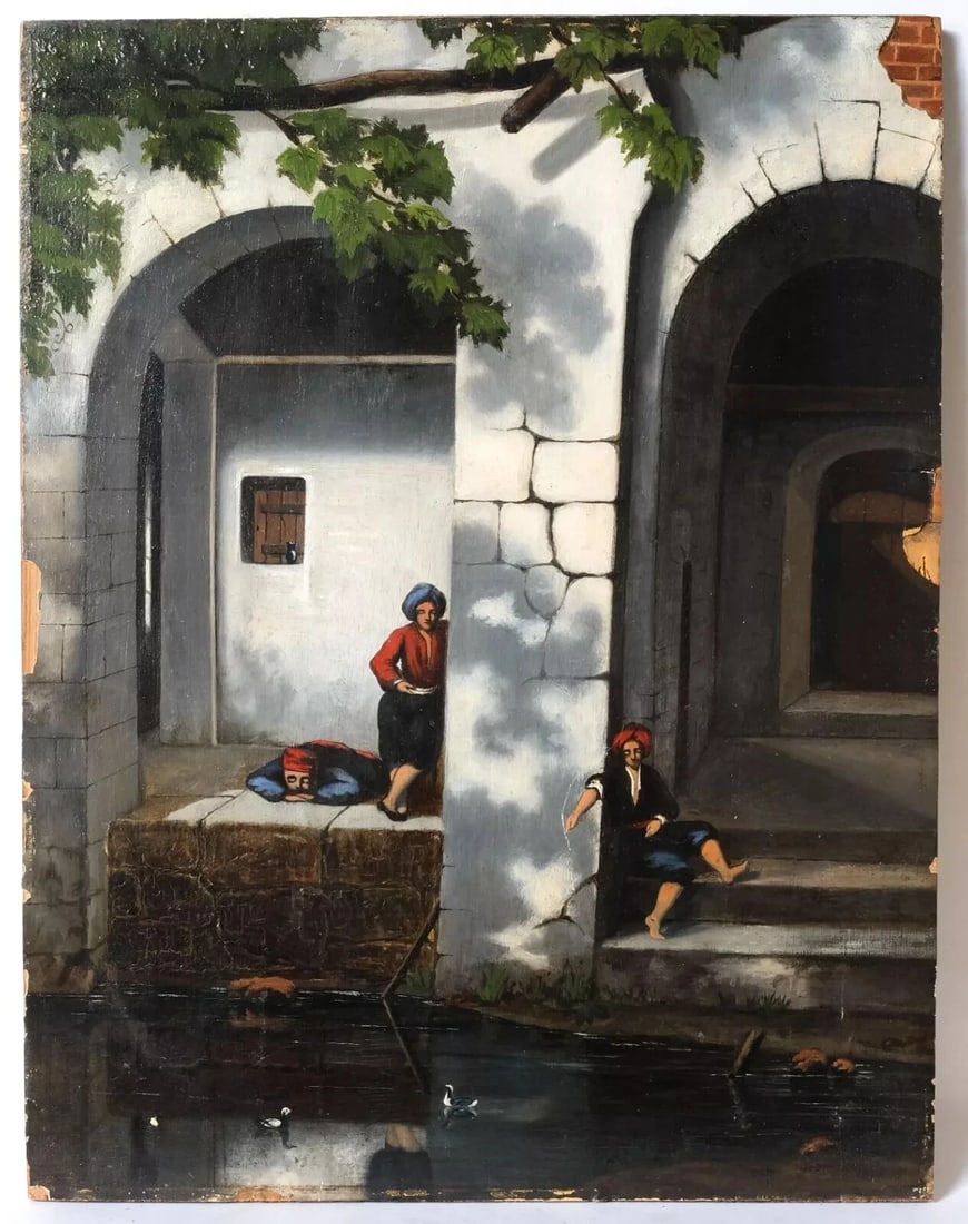 Antique Old Original Orientalist Painting Turkish Bath Scene with People - 8